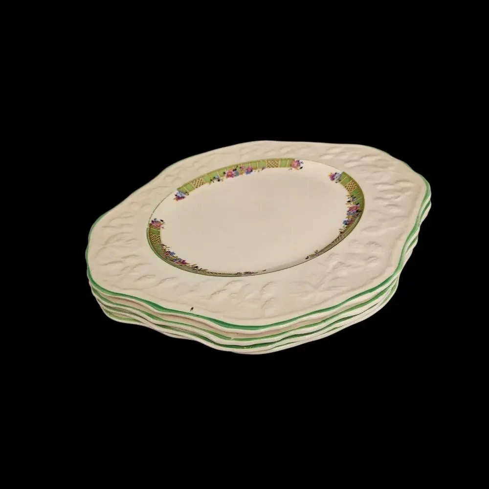 Vintage English Brambleberry Embossed Salad Plates Set of 4 Floral Green Border